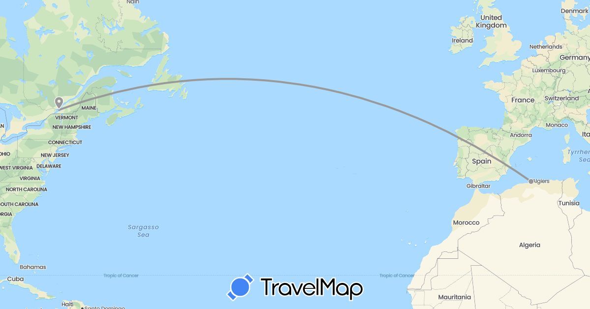 TravelMap itinerary: driving, plane in Canada, Algeria (Africa, North America)